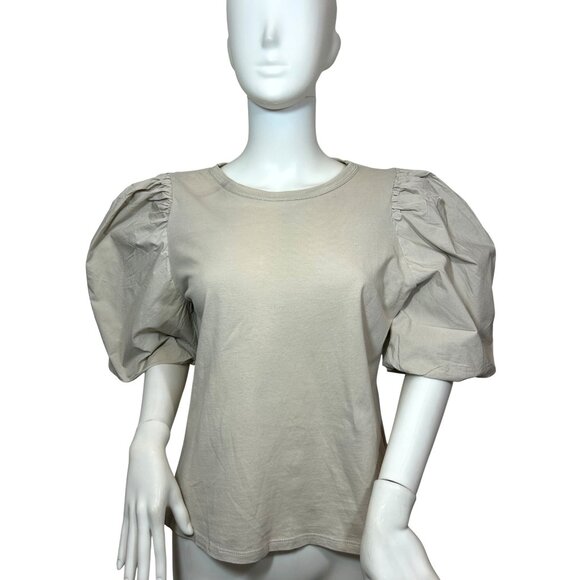 H&M Tops - H&M Women Top M Beige Round Neck Short Voluminous Balloon Sleeves Cotton Stretch